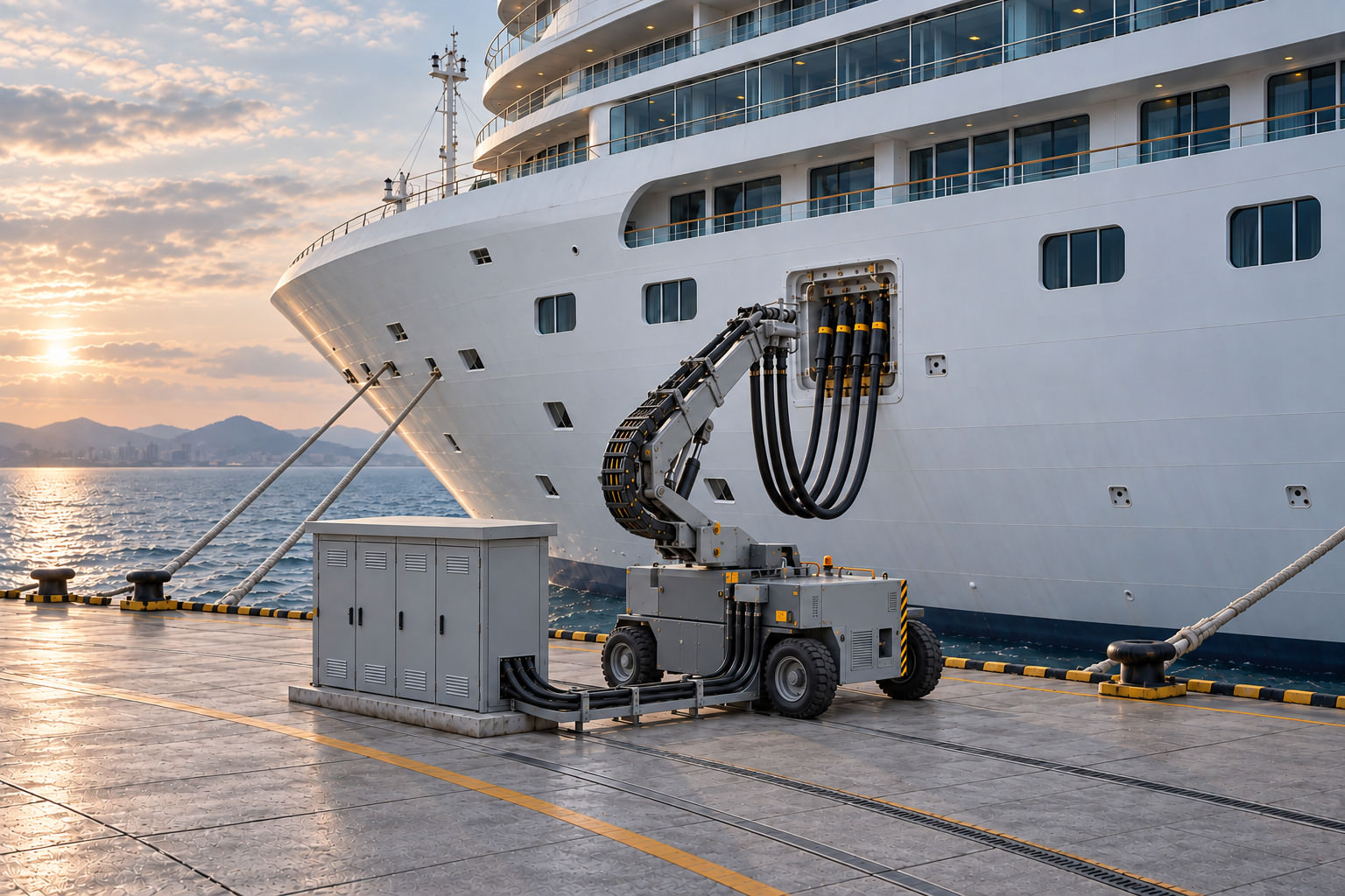 Cruise Ship Shore Power Connection at Dusk